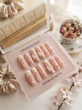 Professional Pink 3D Floral Press-On Nails - One Minute Nail Tip